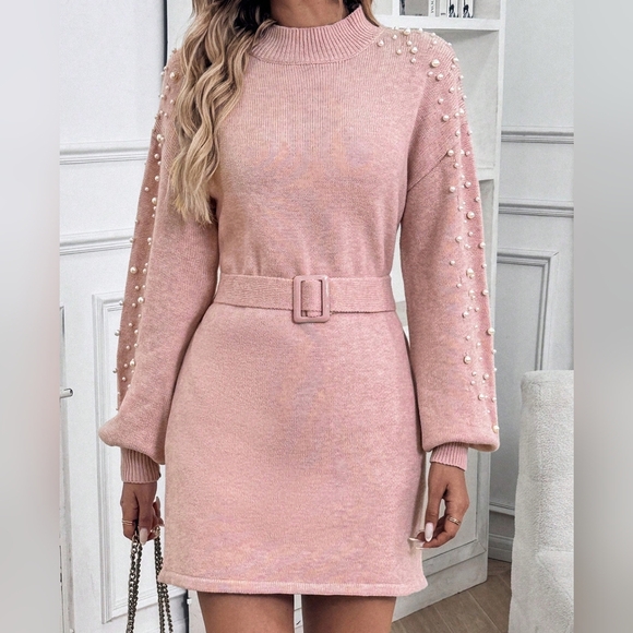 Solid Color Faux Pearl Embellished Knitted Long Sleeve Dress - Picture 1 of 5